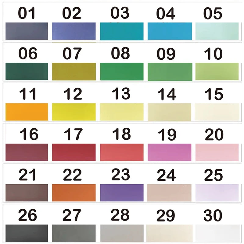 Image of a color chart featuring 30 rectangular swatches, numbered 01 to 30. Colors range from dark blues and greens to vibrant yellows, reds, and muted pastels.