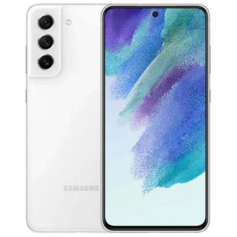 Front and back view of a sleek white smartphone with a colorful display, three rear cameras, and a Samsung logo.