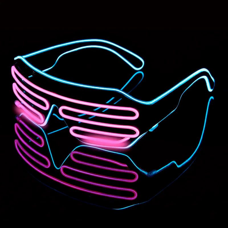 Neon shutter shades with blue and pink LED strips glow brightly against a dark background, creating a vibrant, futuristic look.