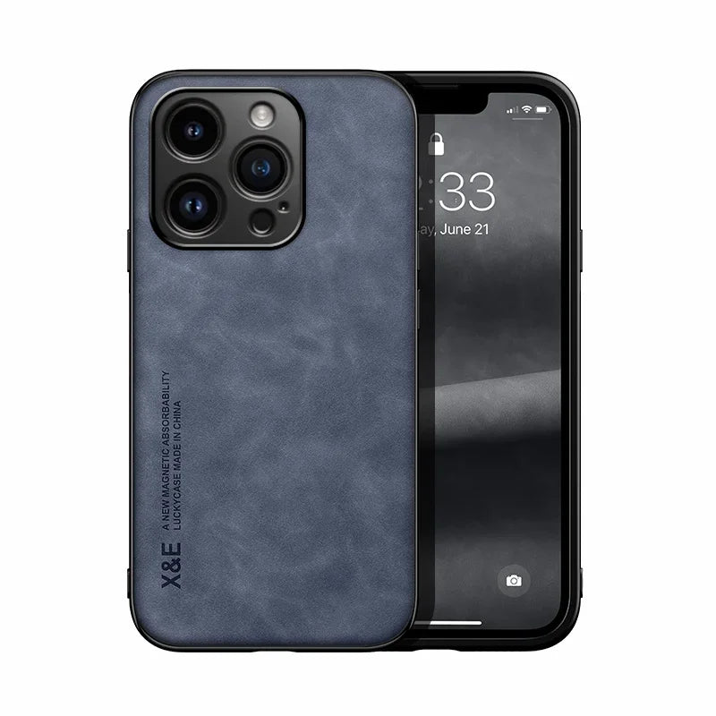 Smartphone with a blue leather-textured case and triple camera setup. The screen displays the time 6:33 and date June 21 against a dark background. "X&E" text on the case.