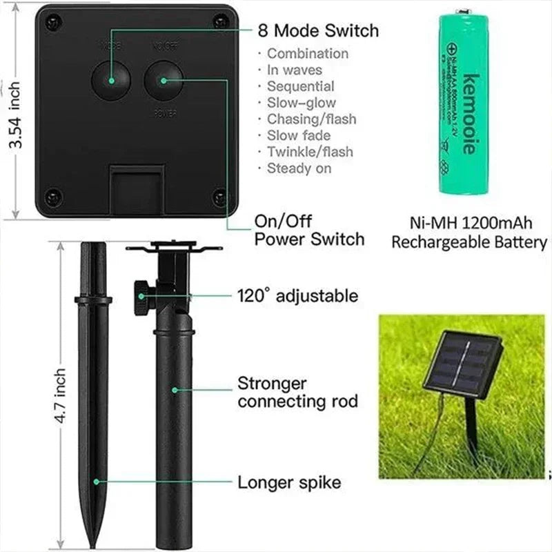 Diagram of a solar light system showing an 8-mode switch, on/off button, adjustable stake, stronger connecting rod, longer spike, and a Ni-MH 1200mAh rechargeable battery.