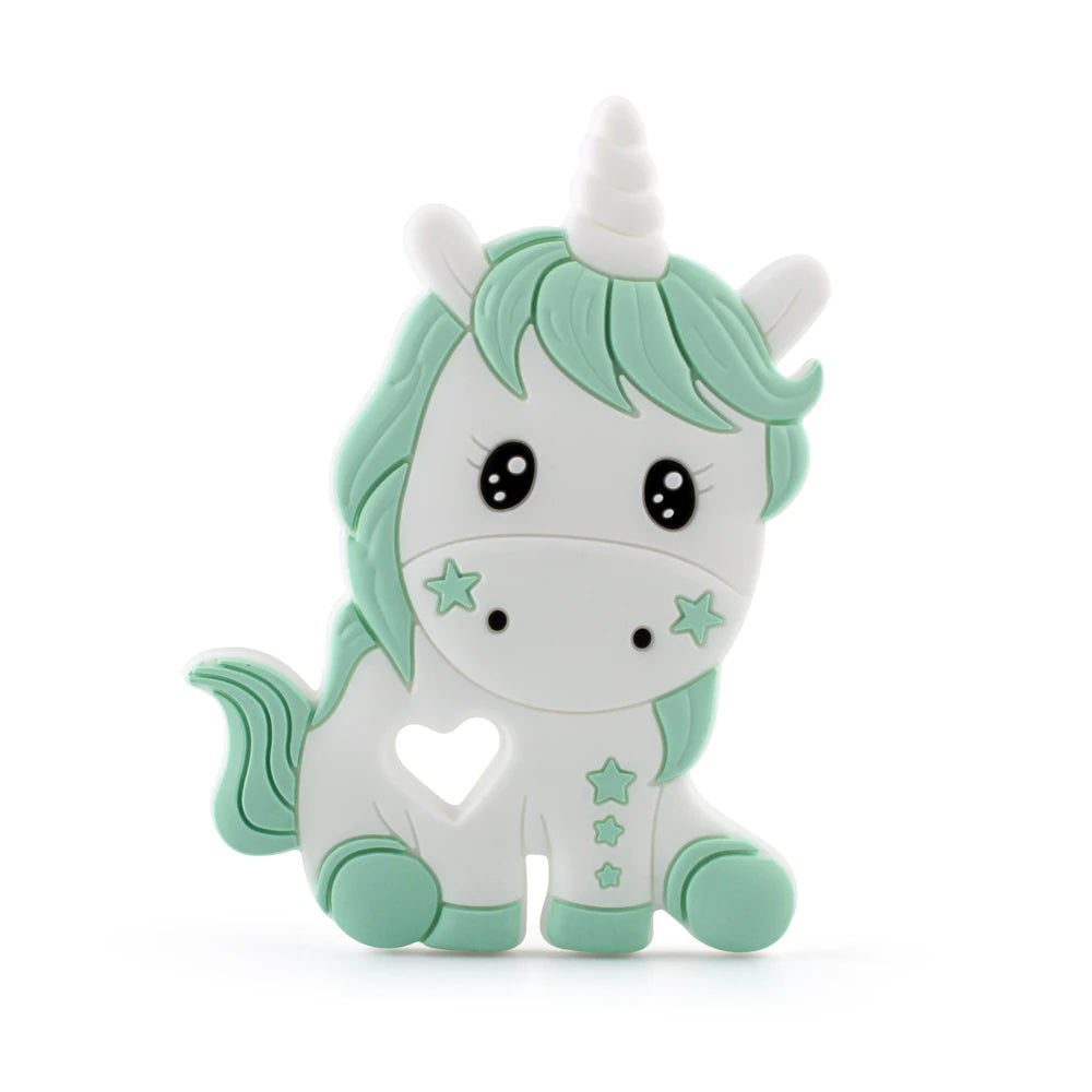Cute cartoon unicorn figure in mint green and white with star accents and a heart-shaped cutout. Features large, shiny eyes and a curly mane and tail.