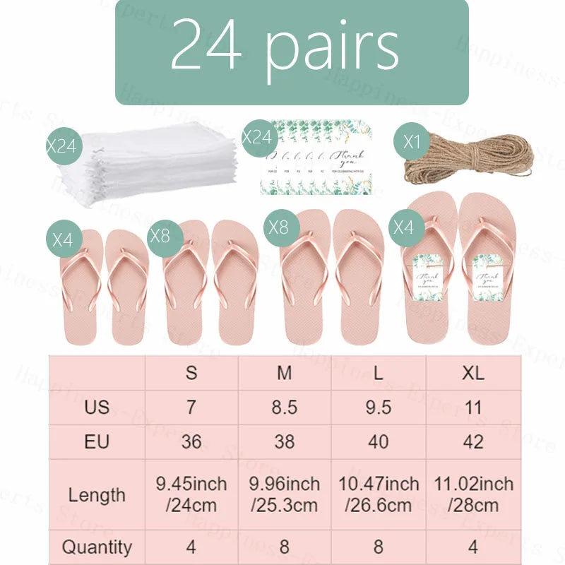 Set of 24 pink flip flops in various sizes, arranged with labels, thank you cards, bags, and twine. Includes a size chart for US and EU measurements.