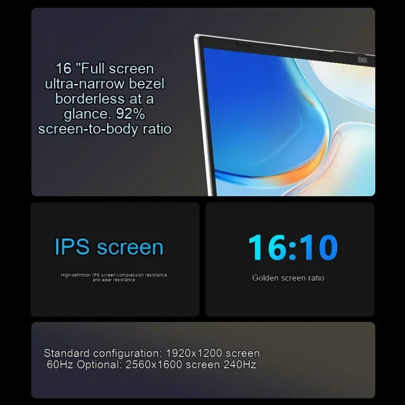Image showcasing a tablet with a 16" ultra-narrow bezel, 92% screen-to-body ratio, IPS screen, and 16:10 aspect ratio. Configurations: 1920x1200 at 60Hz, 2560x1600 at 240Hz.