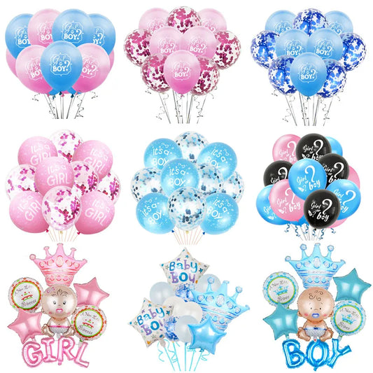 Gender reveal and baby shower balloons with "It's a Boy" and "It's a Girl" text. Includes pink and blue designs with confetti, stars, crowns, and baby illustrations.