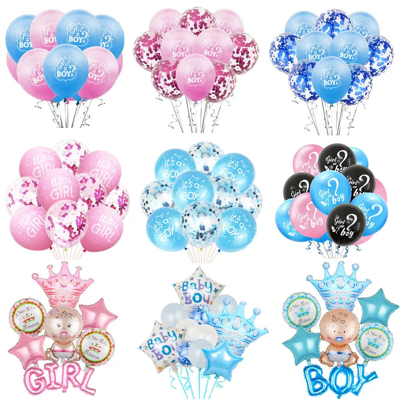 Colorful gender reveal balloons with “It's a Boy” and “It's a Girl” messages. Includes pink and blue options with confetti, stars, crowns, and baby designs for celebration decor.