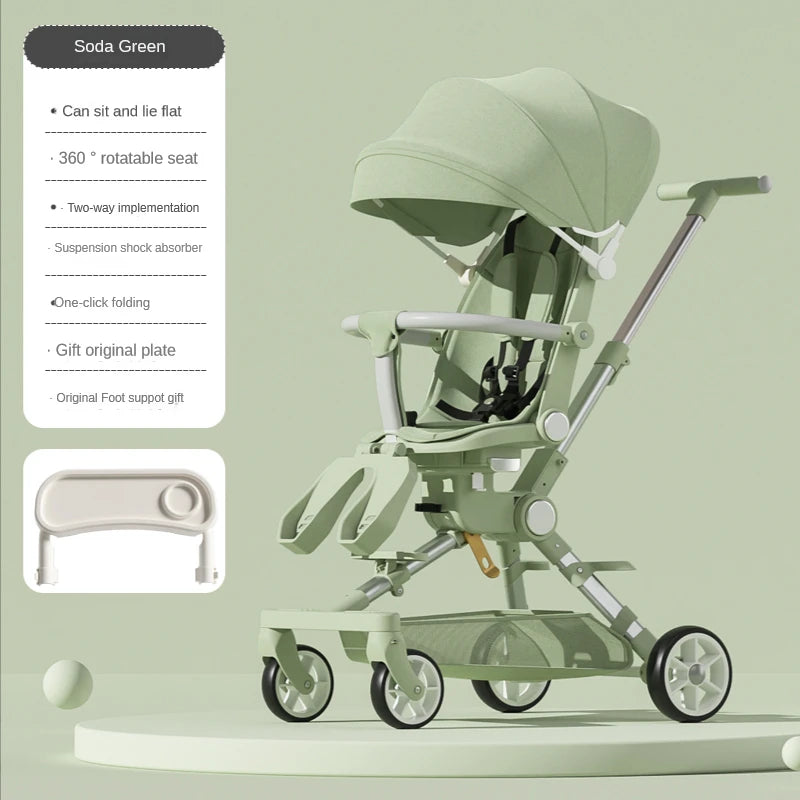 Green stroller with a 360-degree rotatable seat on a round platform. Features include can sit and lie flat, two-way implementation, and suspension shock absorber.