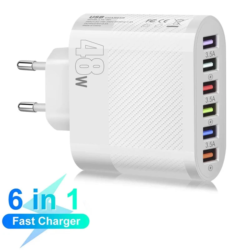 White 48W USB charger with EU plug, featuring six colorful USB ports each marked 3.5A. "6 in 1 Fast Charger" text in blue and green, indicating multi-port fast charging capability.