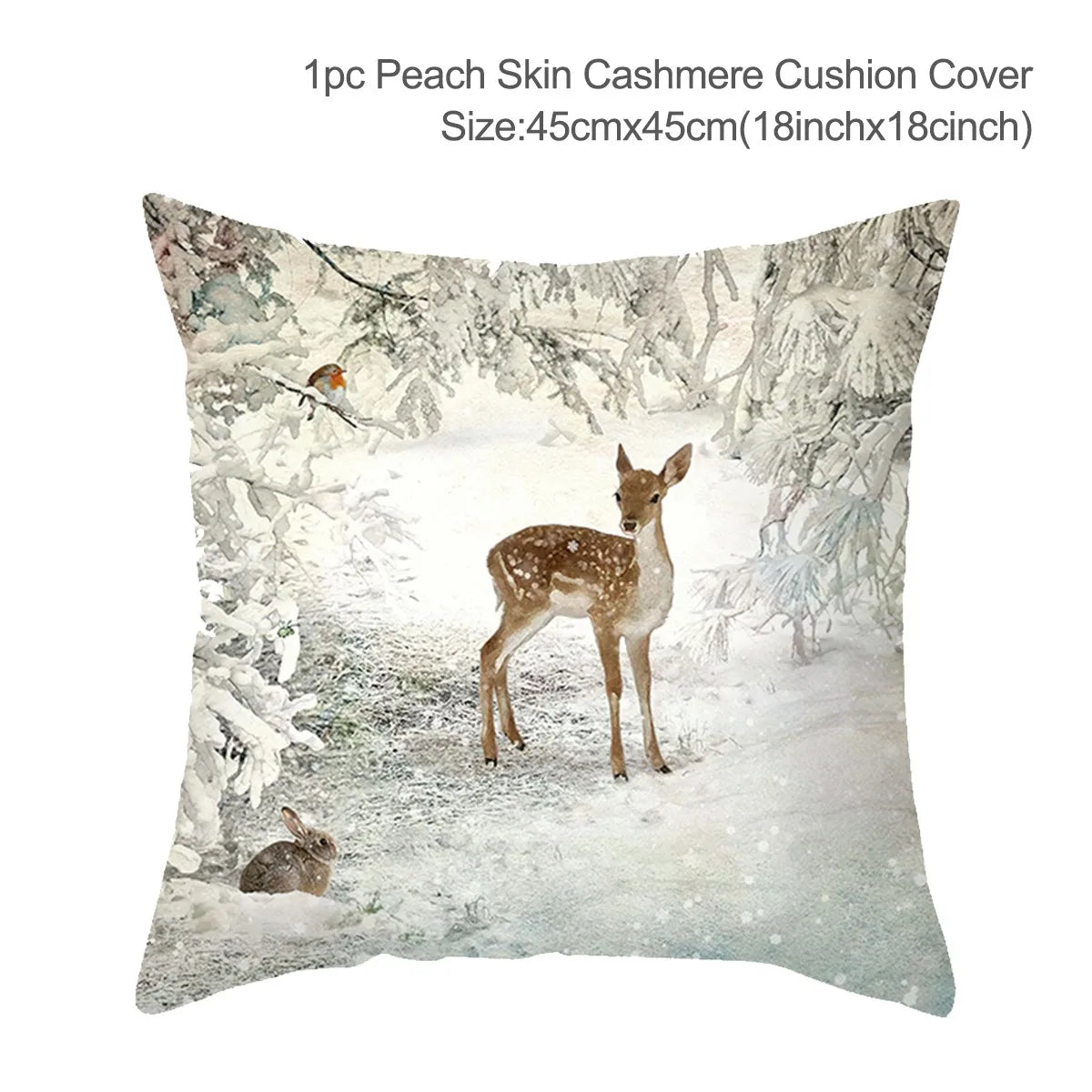 Cushion cover with a winter scene featuring a young deer, a rabbit, and a bird in a snowy forest. Text at the top describes material and dimensions: 45cm x 45cm (18in x 18in).