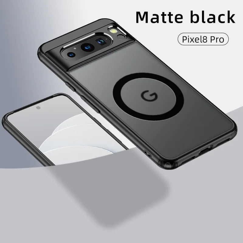 Matte black Pixel8 Pro case with a sleek design, featuring precise camera cutouts and a large "G" logo. The phone is partially shown with a minimalist display.