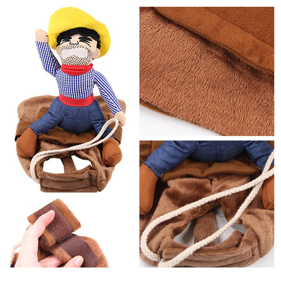 Plush cowboy doll with yellow hat and rope, sitting on a brown fabric saddle. Close-ups show detailed stitching and texture. A hand holds part of the fabric with velcro.