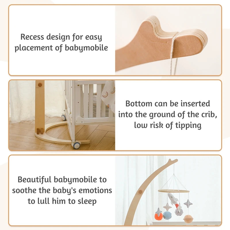 Baby mobile with a recess design for easy placement, features a steady base for low tipping risk, and soothing elements to help lull a baby to sleep.