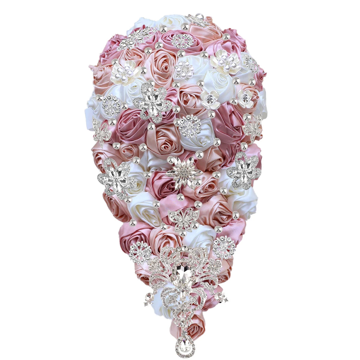Elegant teardrop bouquet with pink and white silk roses, adorned with silver rhinestone brooches, creating a luxurious and intricate design.