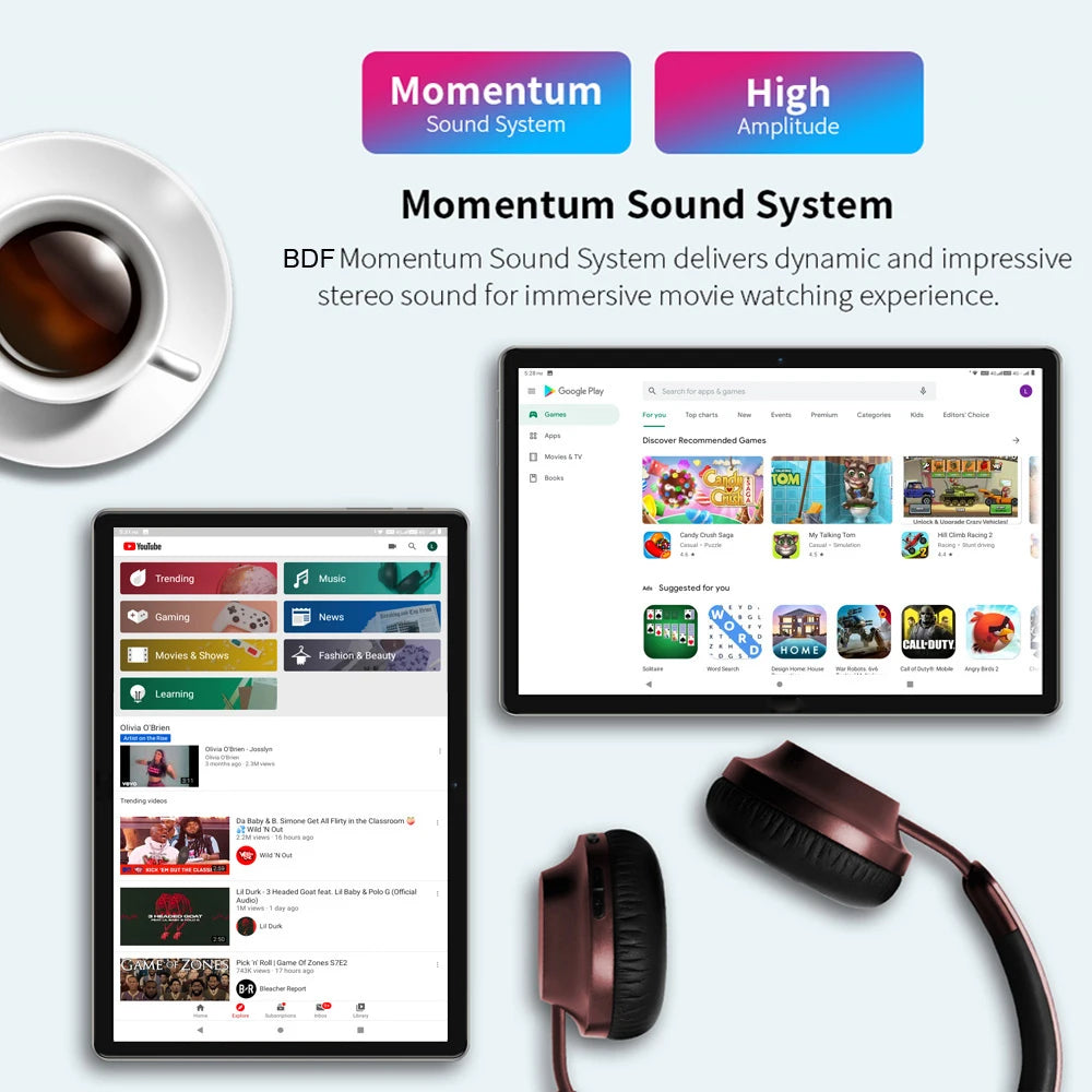 Two tablets display apps and YouTube, accompanied by headphones and a coffee cup. Text highlights the Momentum Sound System's dynamic stereo for immersive movie-watching.