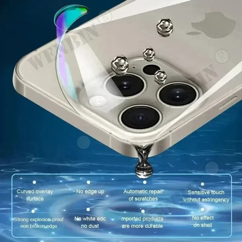 Close-up of a smartphone with a water droplet on its camera lens, highlighting features like curved overlay, scratch repair, and explosion-proof edges against a blue background.