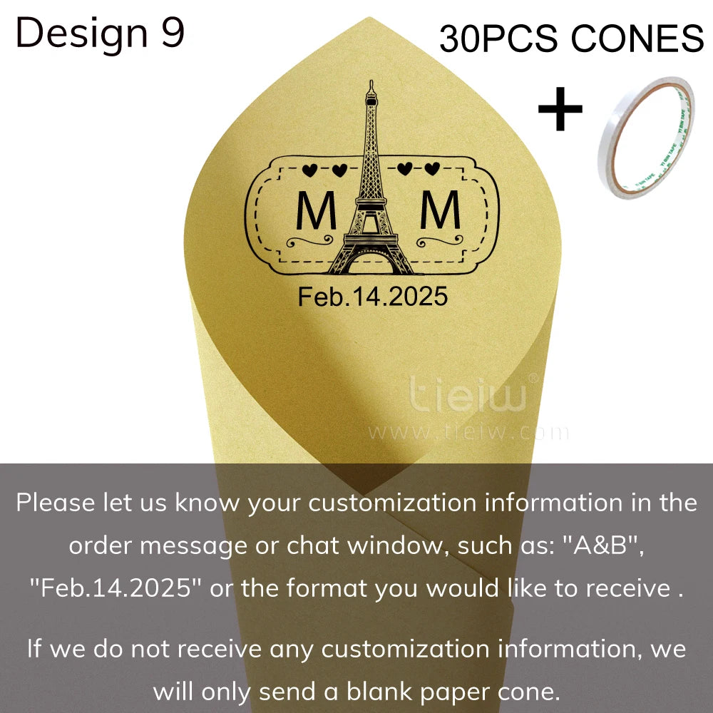 Cone with Eiffel Tower and initials "M & M" dated Feb. 14, 2025. Design 9 includes 30 cones and tape. Customization instructions provided for personal messages.