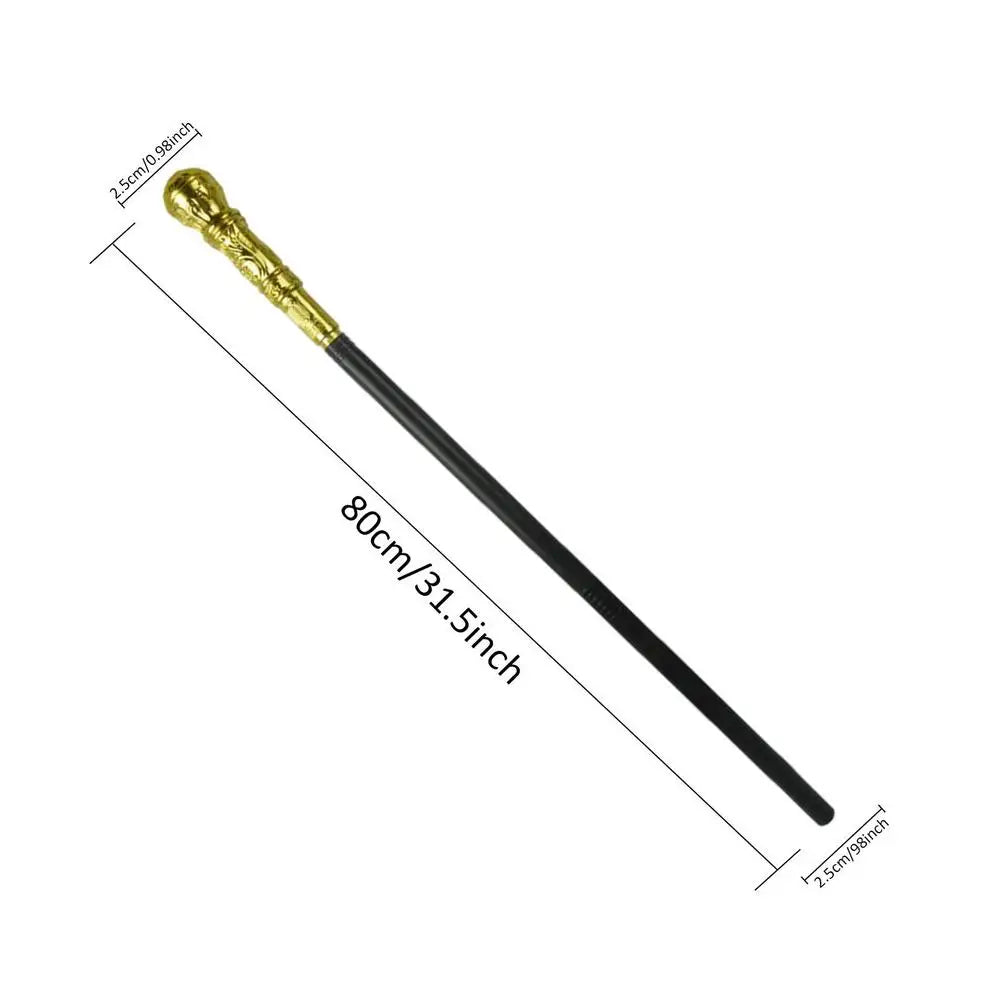 A black wand with a decorative gold handle, measuring 80 cm in length and 2.5 cm in width.
