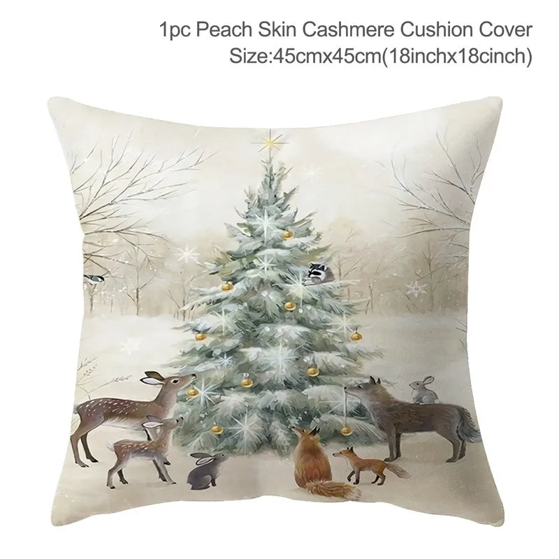 Cushion cover featuring a snowy Christmas tree adorned with gold ornaments. Surrounding the tree are woodland animals including deer, a fox, rabbits, and birds. Size: 45cm x 45cm.