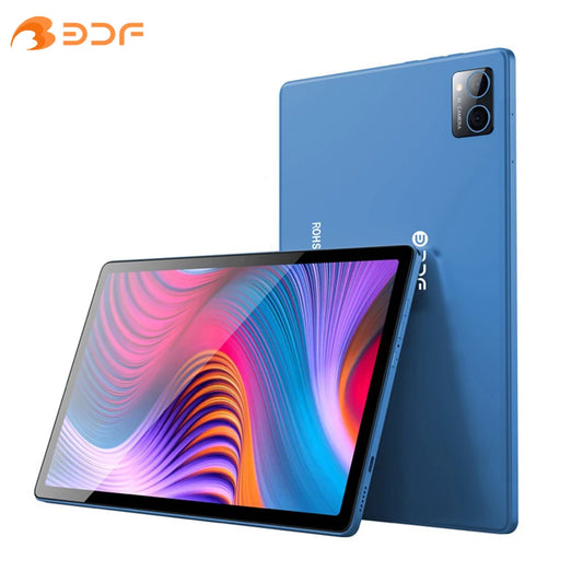 Blue tablet with a vivid, swirling, colorful display. It features a dual camera on the back, set against a blue case. Brand logo is visible on both the screen and rear.