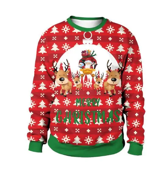 Red Christmas sweater with white tree patterns, featuring a cartoon character with reindeer and the text "Merry Christmas" in green. Green cuffs and collar accent the design.