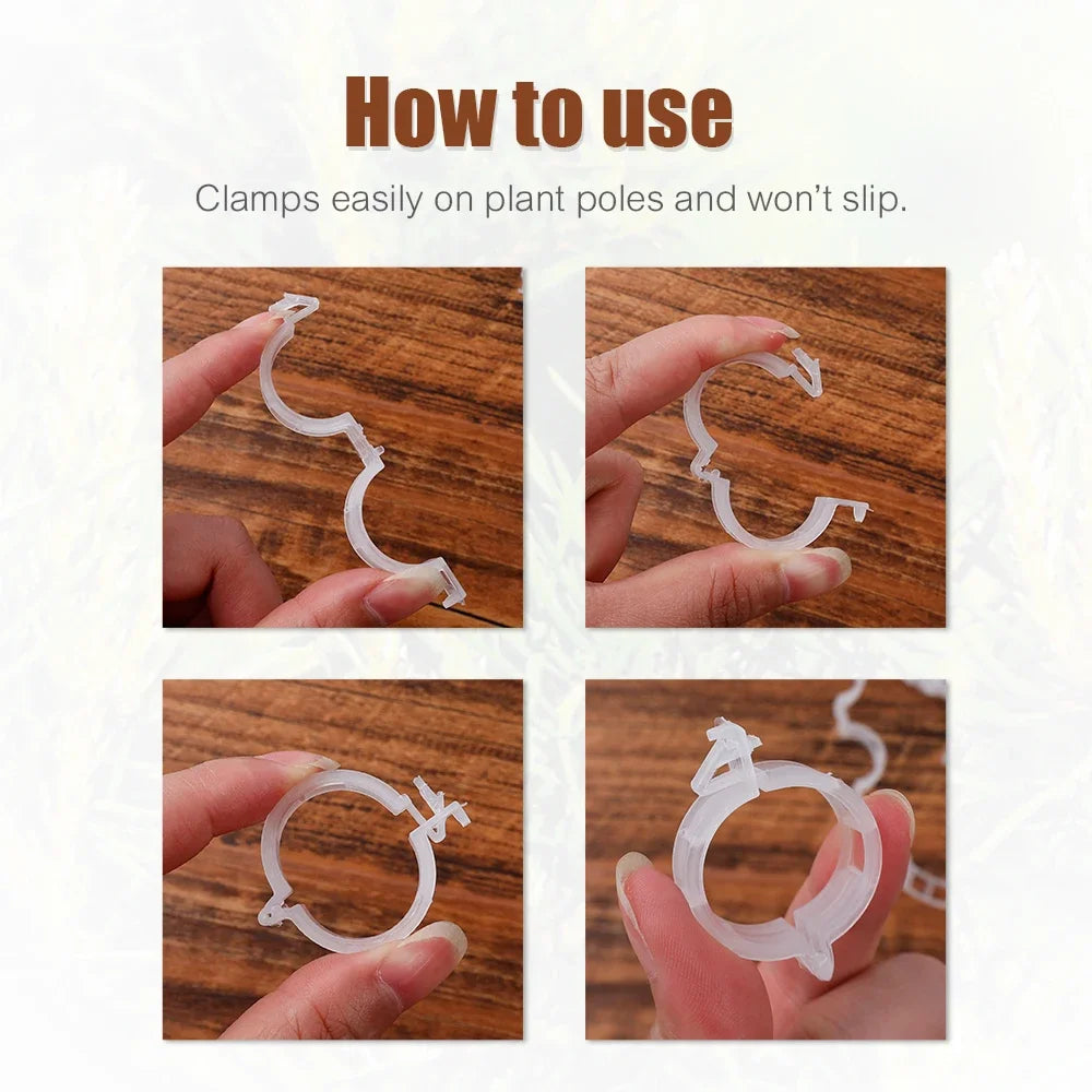 Four step-by-step images show hands demonstrating how to use clear plastic plant clips on a wooden surface. Text above reads "How to use" and explains they clamp easily and won’t slip.