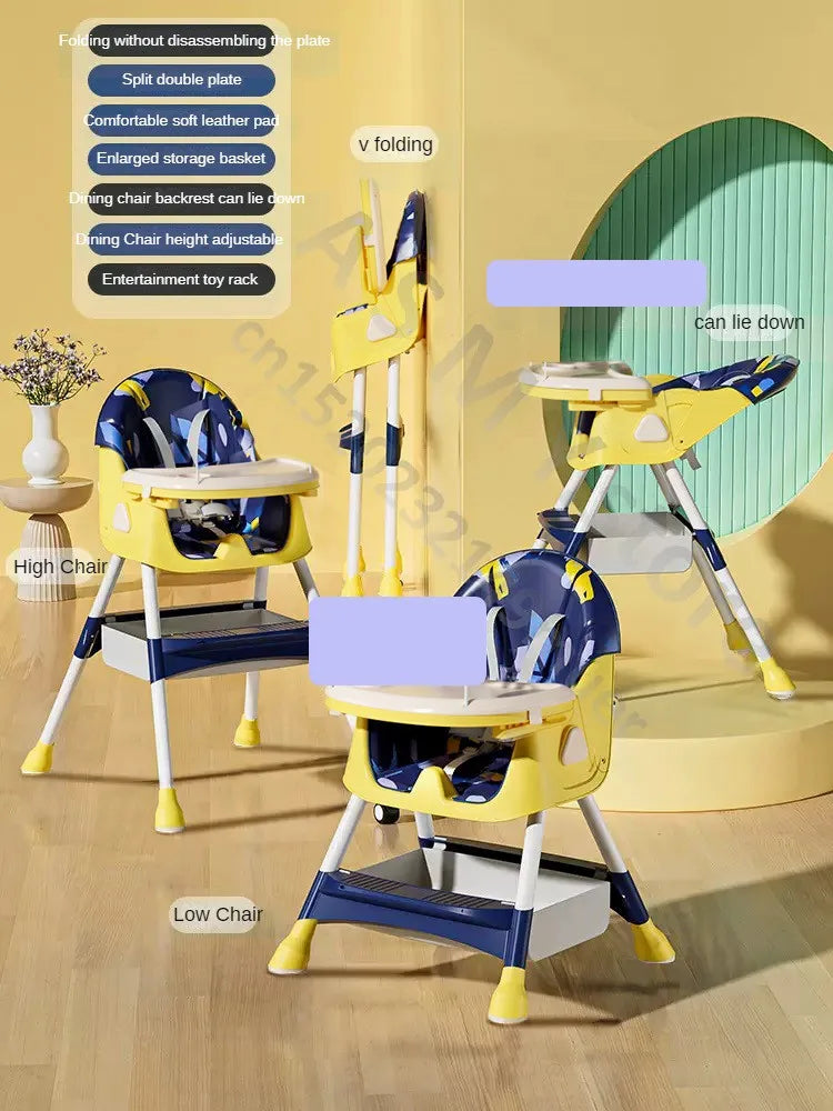 Yellow and blue convertible baby high chair set on a wooden floor, featuring adjustable height, storage, recline function, and foldable design. Text labels highlight features.