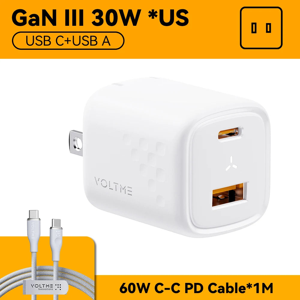 White Voltime GaN III 30W USB C and USB A charger with US plug, accompanied by a 60W USB C to USB C PD cable (1 meter). Bright orange background with product details.