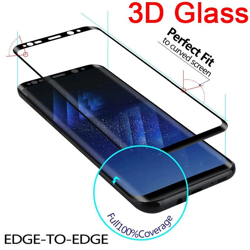 3D glass screen protector shown above a smartphone. Text highlights edge-to-edge fit, perfect for curved screens, offering full 100% coverage.
