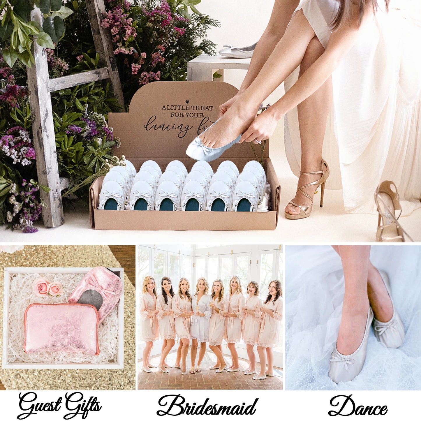 A collage with wedding-themed items: box of blue flats, a woman wearing them; pink guest gift; group of bridesmaids in robes; woman in silver flats; labeled "Guest Gifts," "Bridesmaid," "Dance."