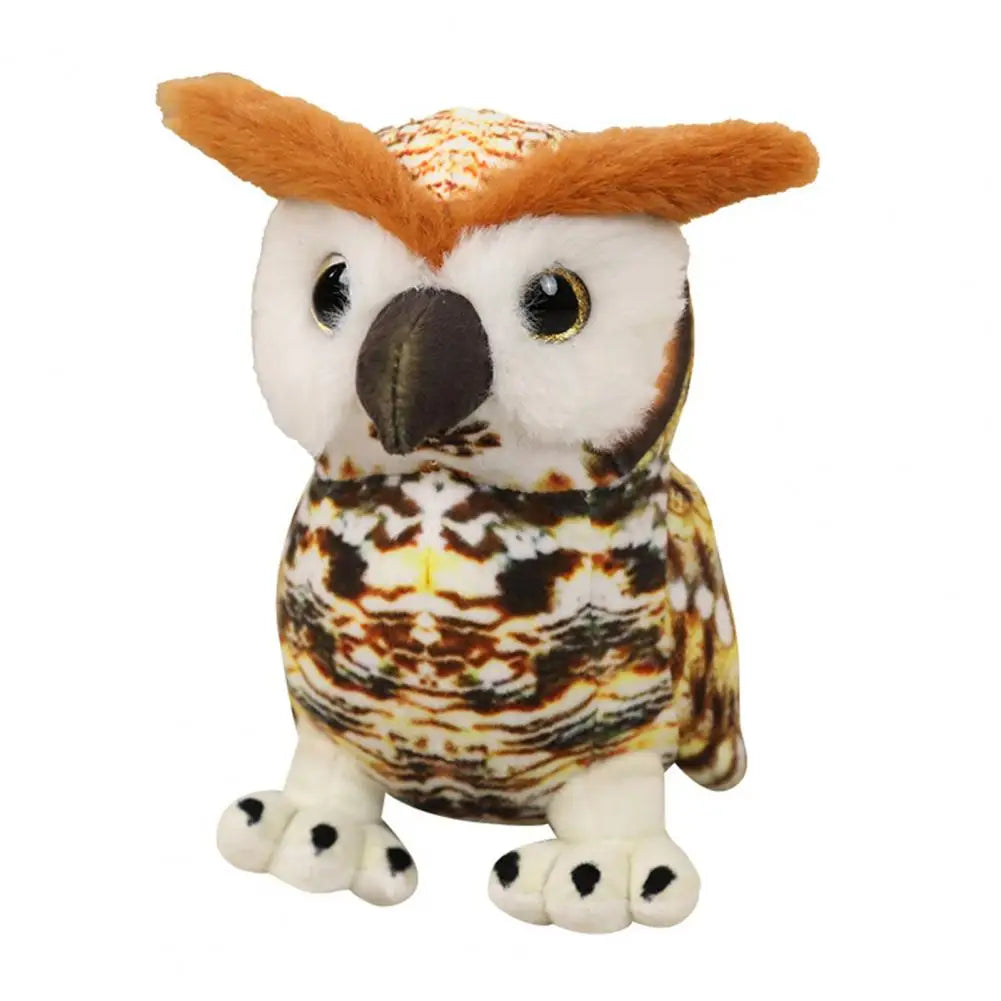 A plush owl toy with detailed brown, orange, and white patterns. It has large, round eyes, a soft beak, and fluffy ear tufts. The claws are small and cute.