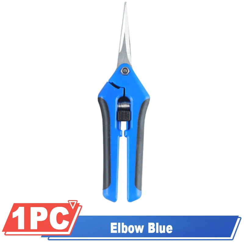 Blue garden pruning shears with a sleek black grip and pointed silver blades. A red and blue label reads "1PC Elbow Blue" at the bottom of the image.