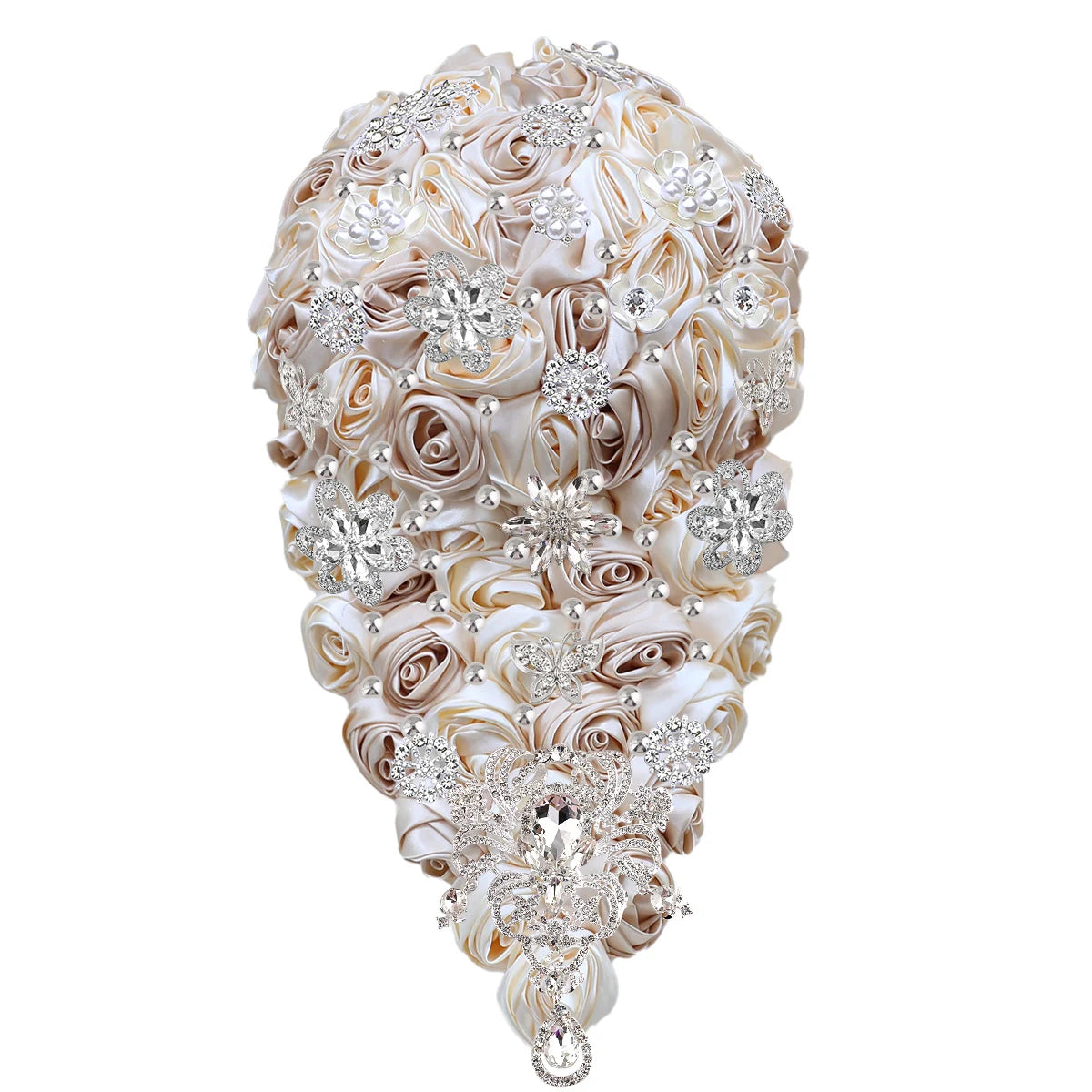 Elegant teardrop bouquet of ivory satin roses adorned with sparkling silver rhinestone brooches, creating a dazzling bridal arrangement.