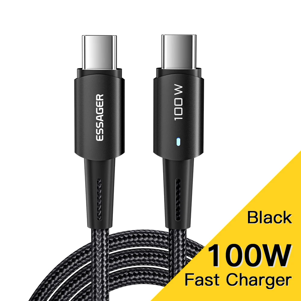 Black braided 100W USB-C fast charging cable with branding and power text on connectors. Yellow corner text highlights the model and wattage specifications.
