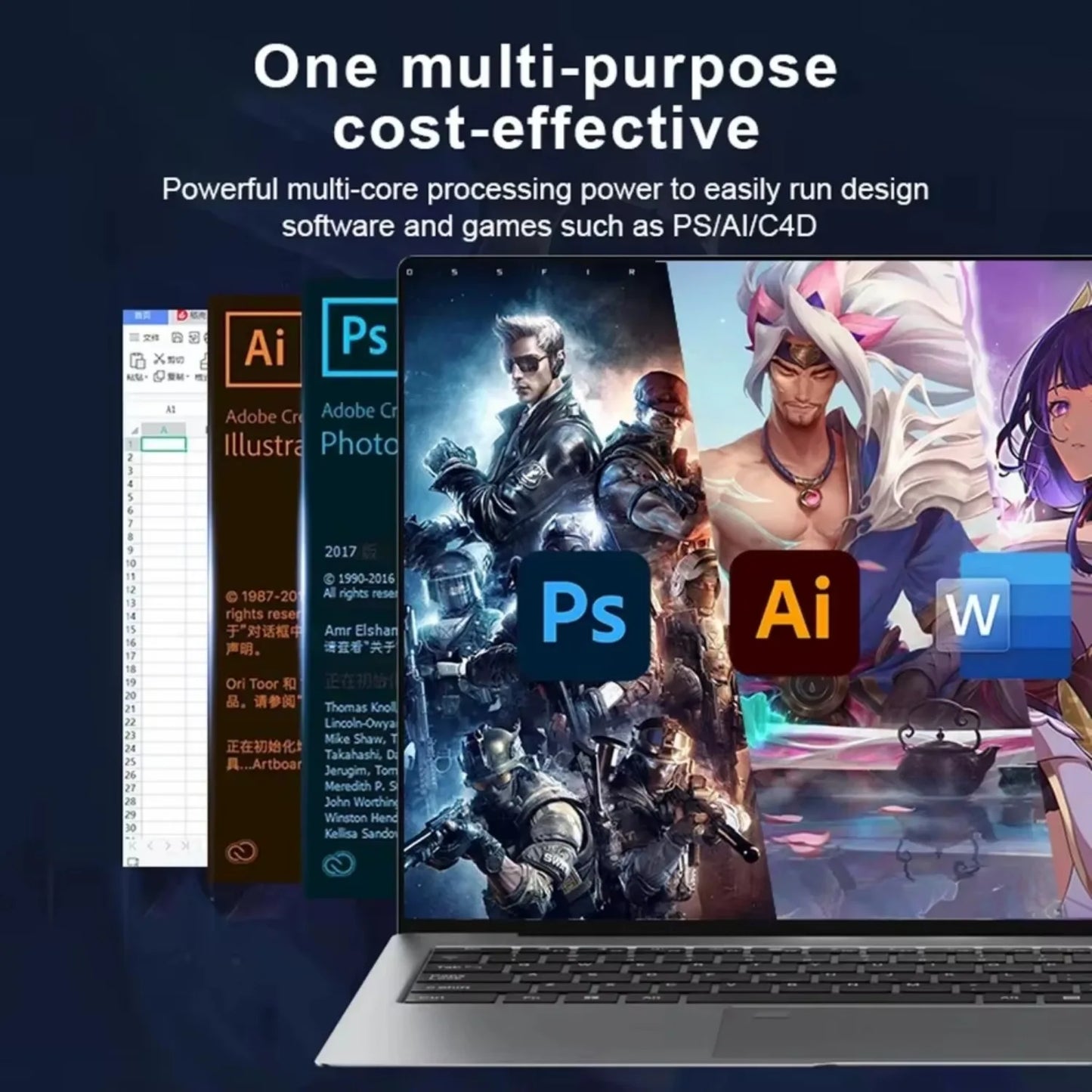 Laptop screen displaying Adobe software logos (Photoshop, Illustrator) and game characters, highlighting multi-core processing for design and gaming. Text: "One multi-purpose cost-effective."