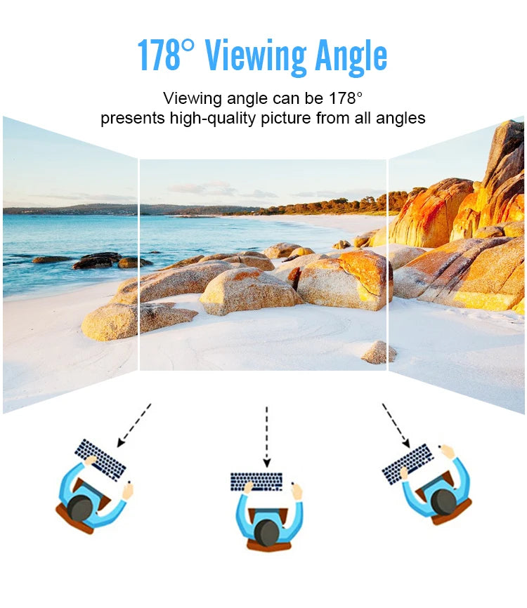 Image demonstrating a 178-degree viewing angle with a clear seascape. Illustrations of people viewing screens from various angles highlight picture quality consistency.