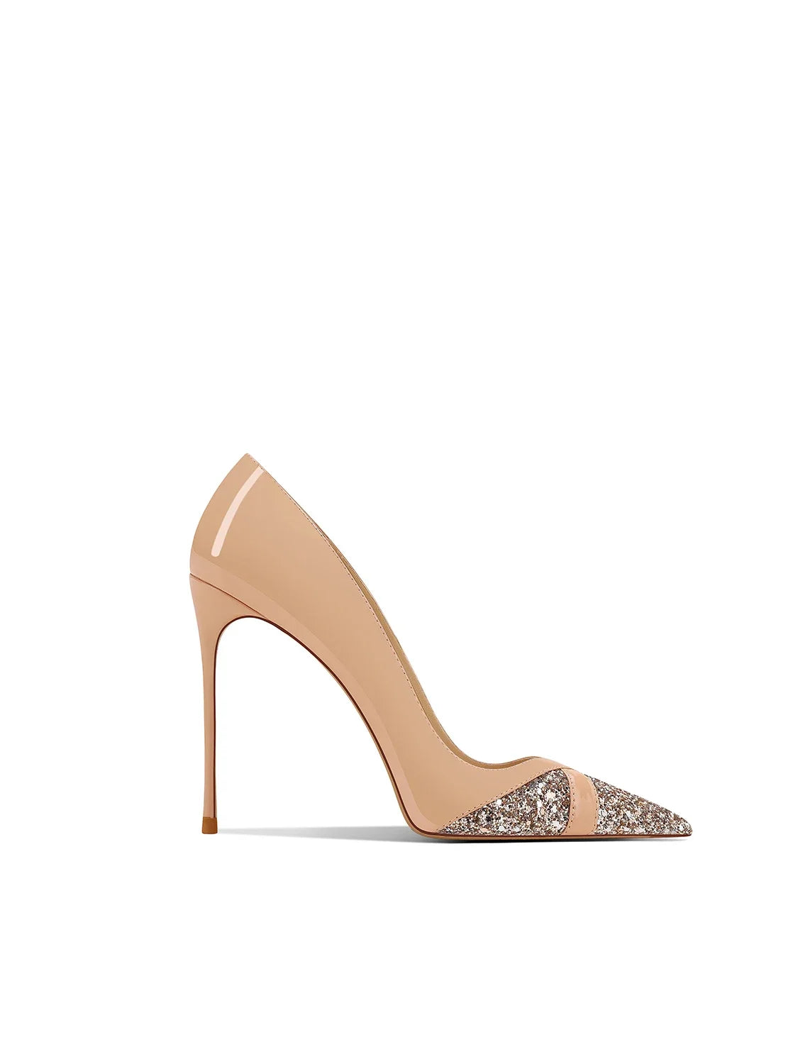 Elegant stiletto heel with a glossy nude finish and a pointed toe adorned with sparkling glitter, set against a white background.