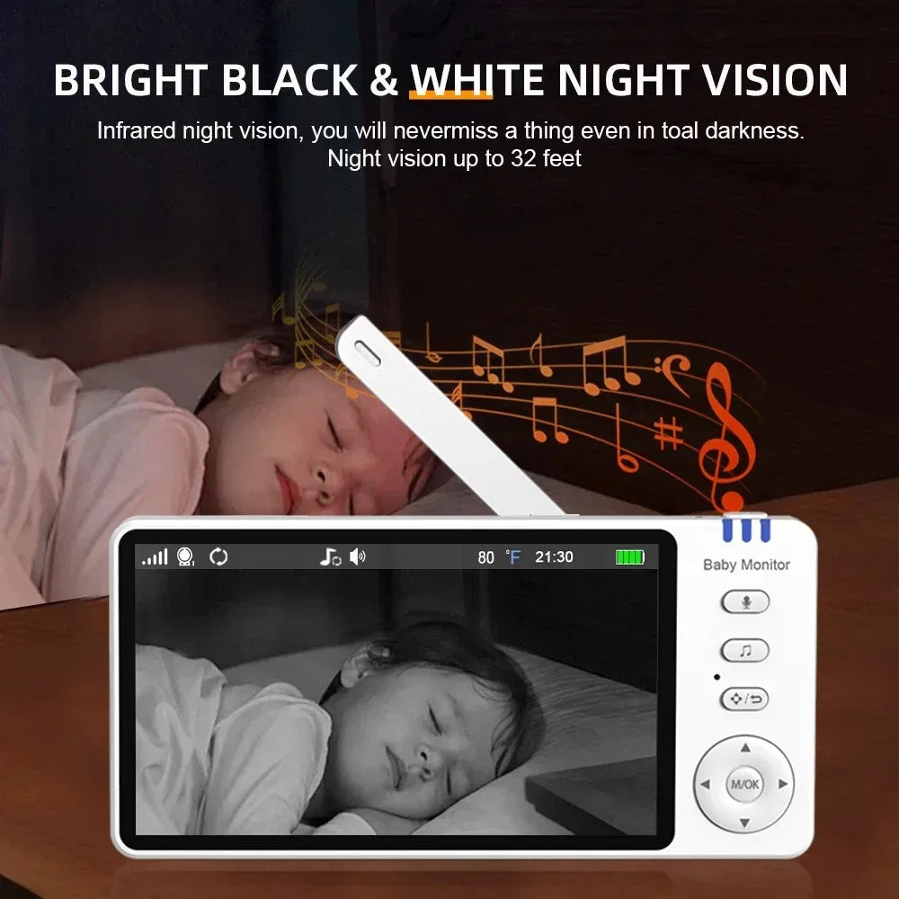 Baby monitor with black and white night vision shows a sleeping child. Text highlights bright night vision up to 32 feet. Musical notes suggest audio features.