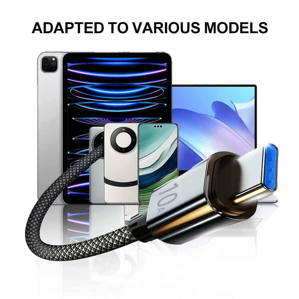 Close-up of a USB-C cable with 10A marking, compatible with various devices, including a laptop, tablets, and smartphones. Text above reads "Adapted to Various Models."