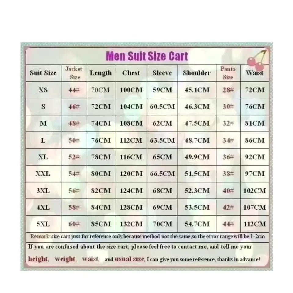 Men's suit size chart showing jacket size, length, chest, sleeve, shoulder, pants size, and waist for sizes XS to 5XL. Note: Size range may vary by 1-2cm.