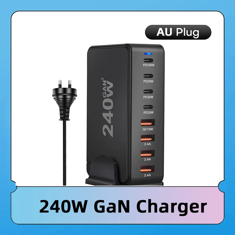 Black 240W GaN charger with multiple ports labeled PD100W, PD30W, QC18W, and 2.4A. AU plug displayed above the charger. Text below reads "240W GaN Charger" on a blue background.