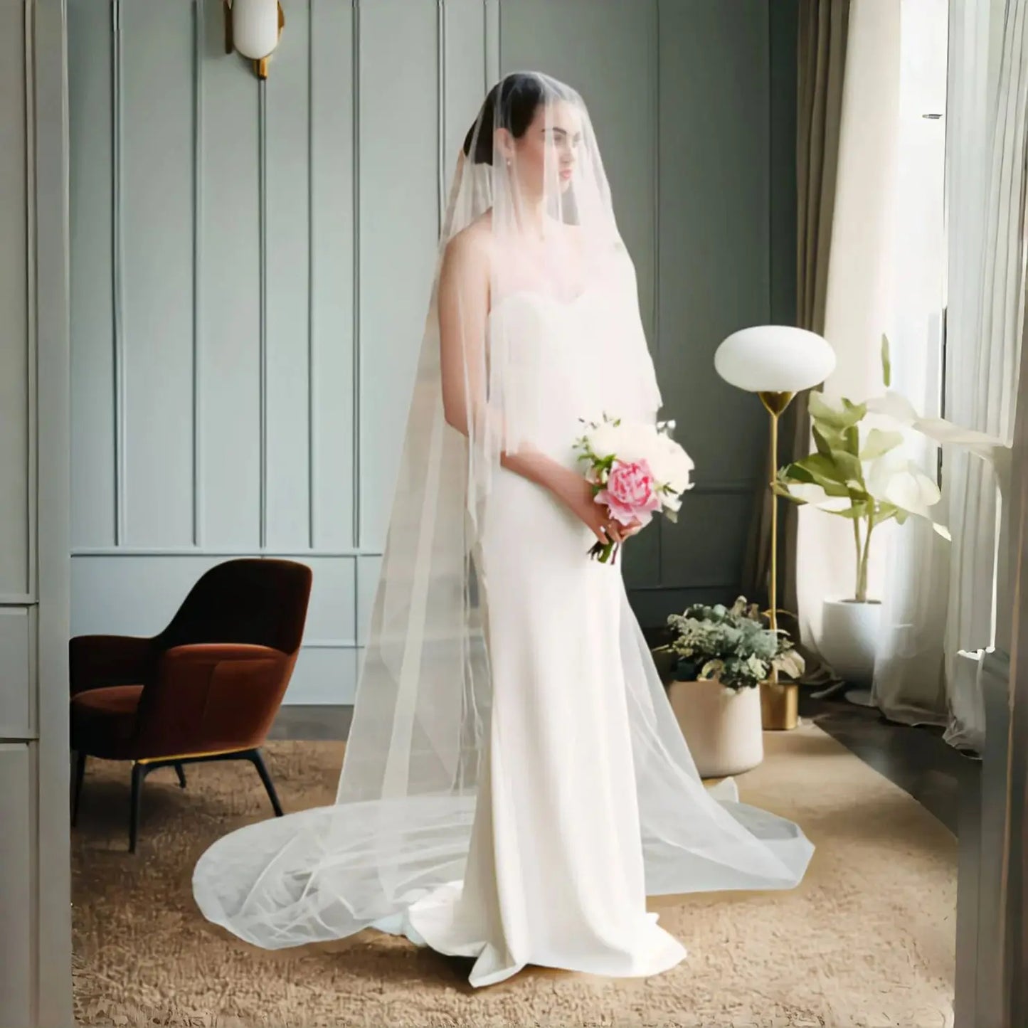 Bride in a white gown and veil holding a bouquet of pink and white flowers stands by a window in an elegant, softly lit room with modern furnishings and plants.