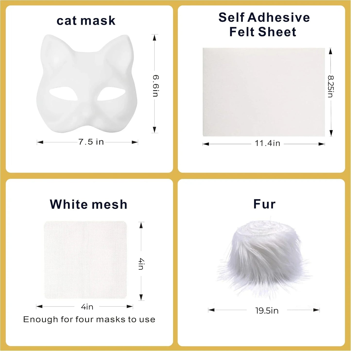A collage showing a 6.6x7.5 inch cat mask, 11.4x8.25 inch self-adhesive felt sheet, 4x4 inch white mesh, and 19.5-inch rolled fur, all labeled with measurements.