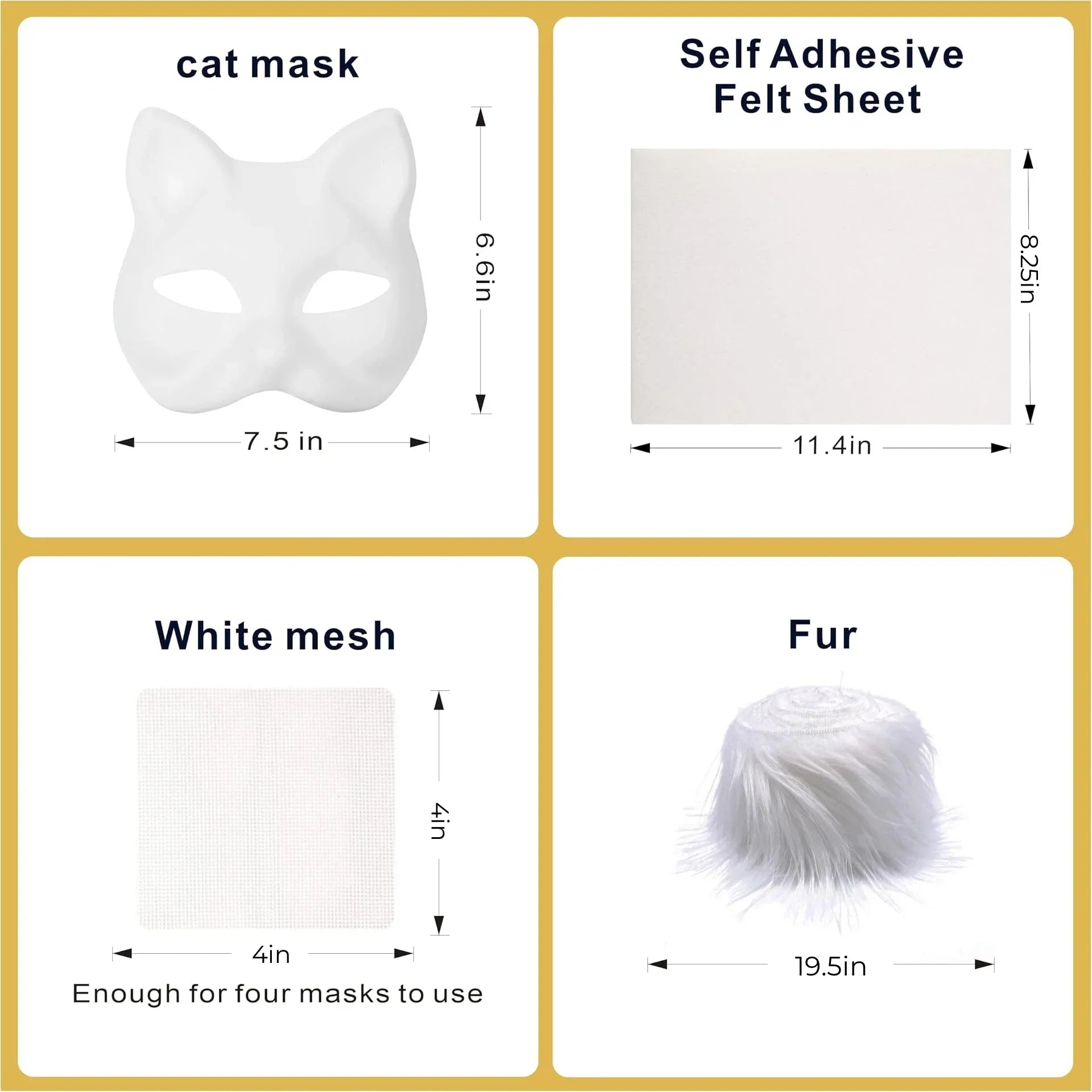 A collage showing a 6.6x7.5 inch cat mask, 11.4x8.25 inch self-adhesive felt sheet, 4x4 inch white mesh, and 19.5-inch rolled fur, all labeled with measurements.