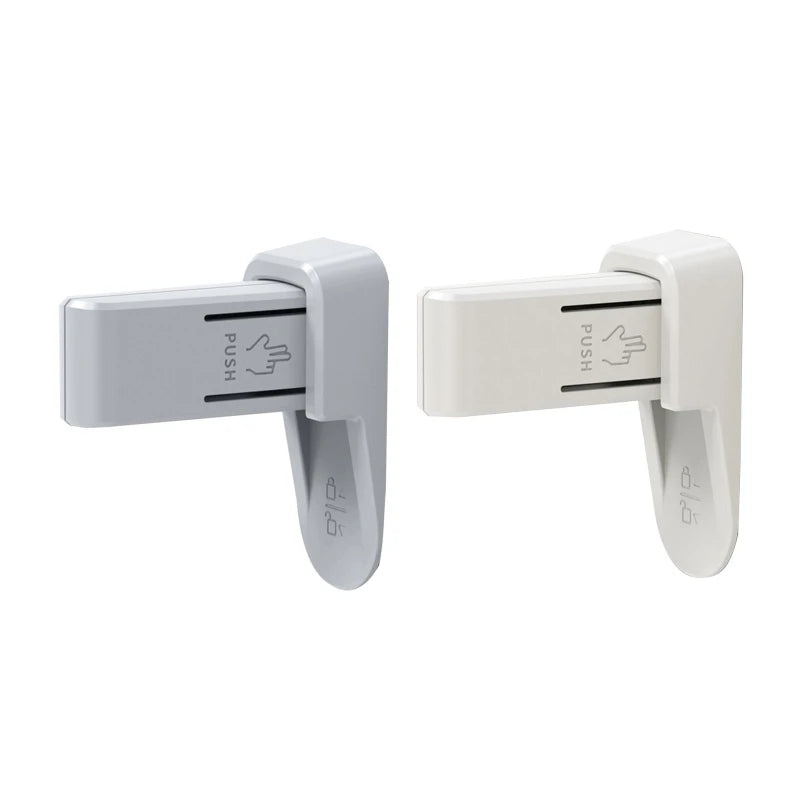Two wall-mounted plastic door stoppers in gray and white, with "Push" labels and hand symbols, designed to secure doors with a simple push mechanism.