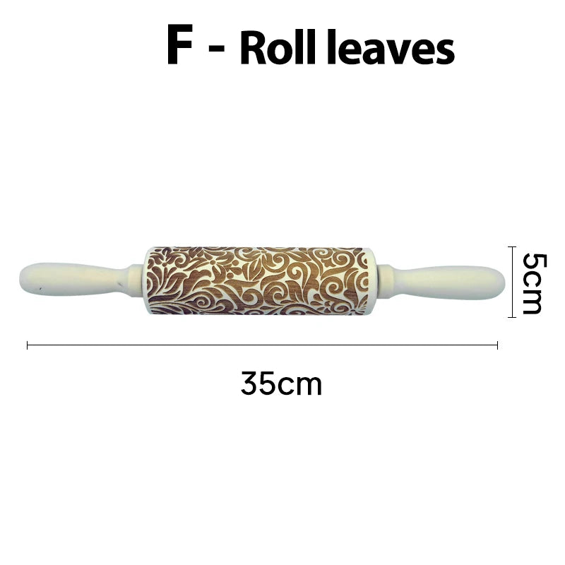 Embossing rolling pin with leaf pattern, 35cm length and 5cm diameter, featuring white handles. Text above says "F - Roll leaves."