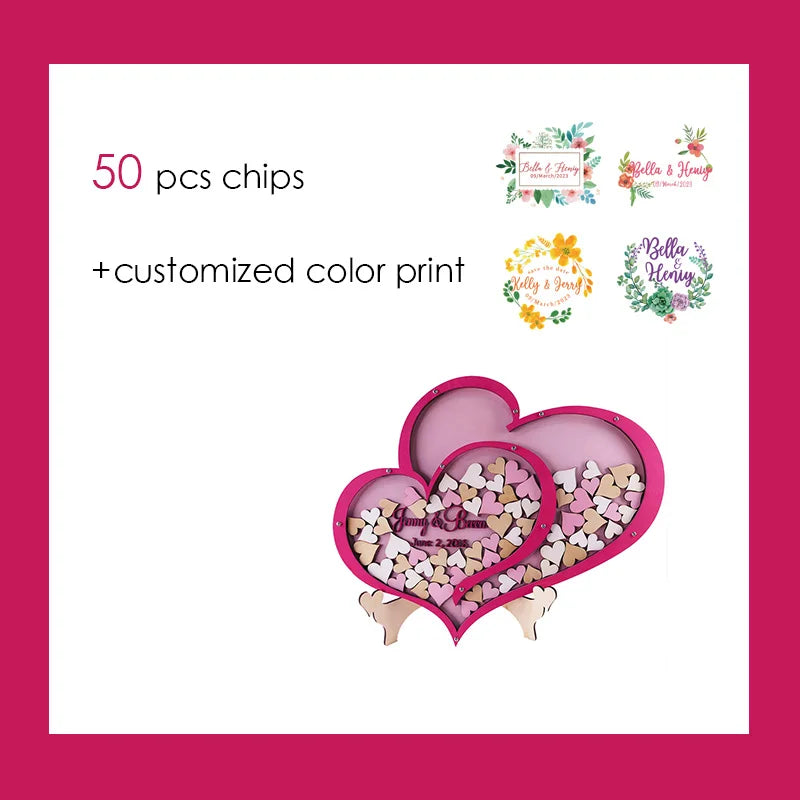 Heart-shaped frame with wooden chips, customized color print; displays several floral print examples. Text: "50 pcs chips + customized color print."