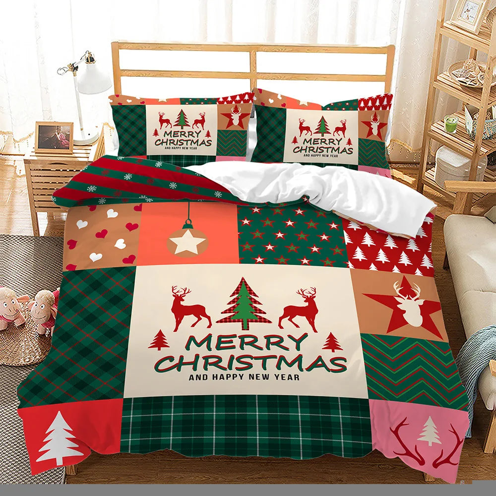 Festive Christmas-themed bedding with reindeer, trees, stars, and hearts in red, green, and beige colors. "Merry Christmas and Happy New Year" text on the quilt and pillows.