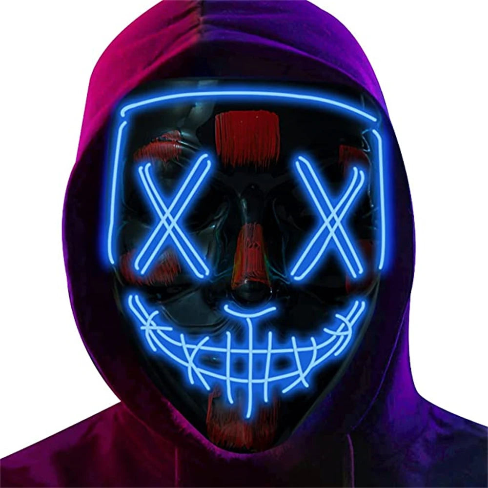 A person in a purple hoodie wears a black mask with bright blue neon lights forming Xs over the eyes and a stitched smile pattern on the mouth, glowing vividly.