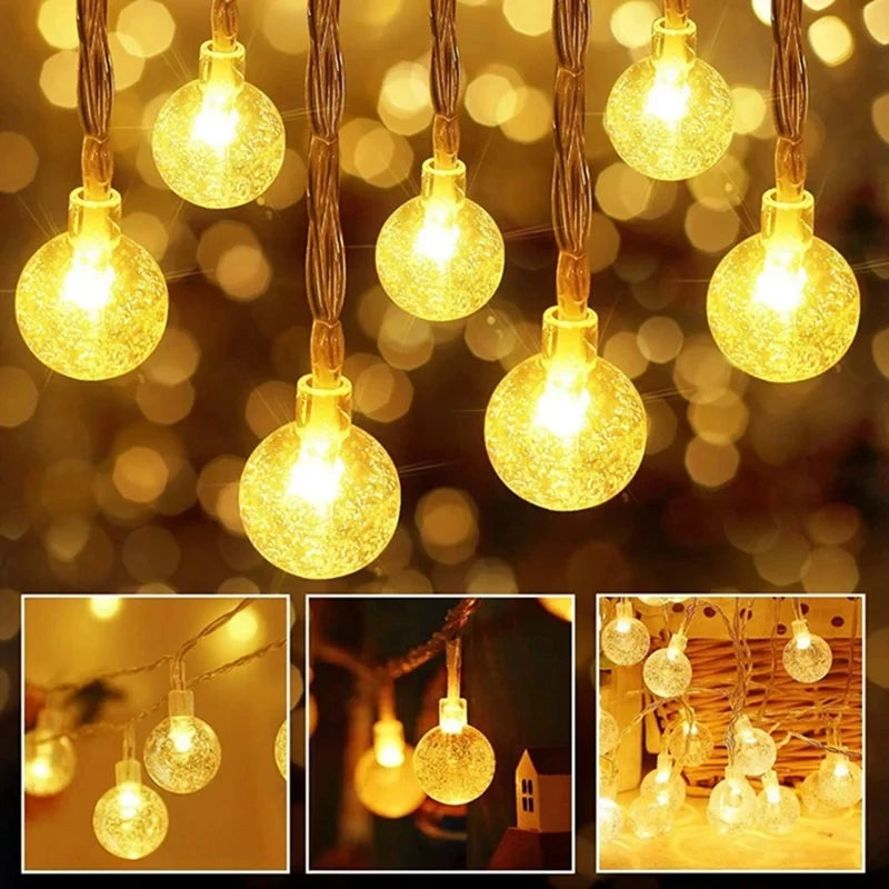 Warm golden string lights with small, glowing orbs hang in front of a blurred background. The inset images show additional close-ups and arrangements of the lights.