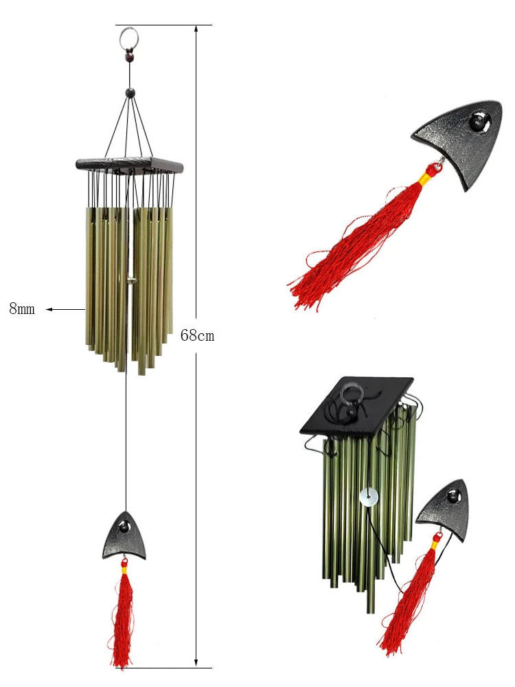 Gold wind chime with cylindrical tubes, red tassel, and triangular black top and bottom parts. Dimensions are 68cm in height and 8mm tube diameter.